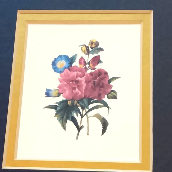 Vintage Flower Trio Prints Matted And Framed Dark Blue Background Gold Frame 15" - Picture 4 of 9